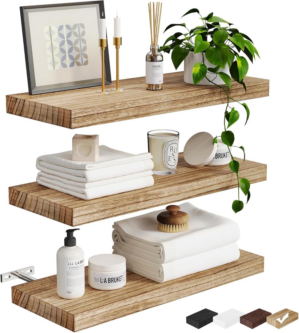 Greenual 3 Packs Floating Shelves, Nature Wood Wall Shelf, 16" Mounted for Kitchen, Living Room, Bedroom, Bathroom Storage, Book Shelf for Home Decor, Frame Display