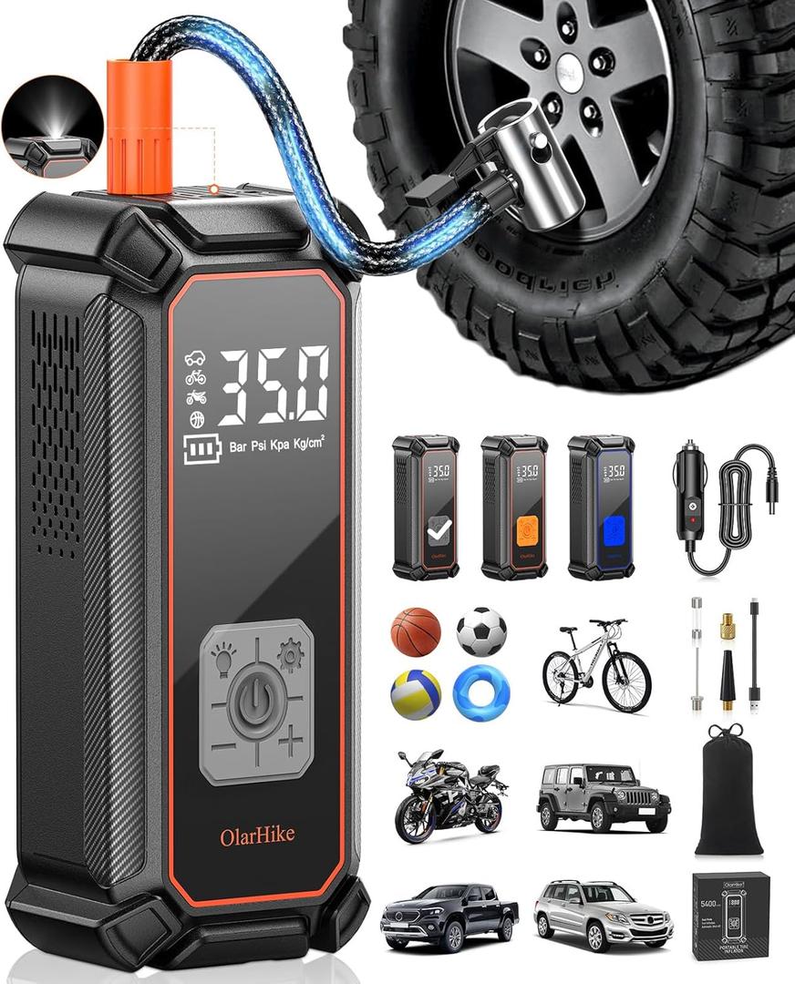 OlarHike Cordless Tire Inflator Portable Air Compressor, 150PSI Dual Power, 5400mAh & 12V DC Auto Air Pump for Car Tires, Motorcycle, Bicycle, Electric Pump with LED Light & Digital Pressure Gauge