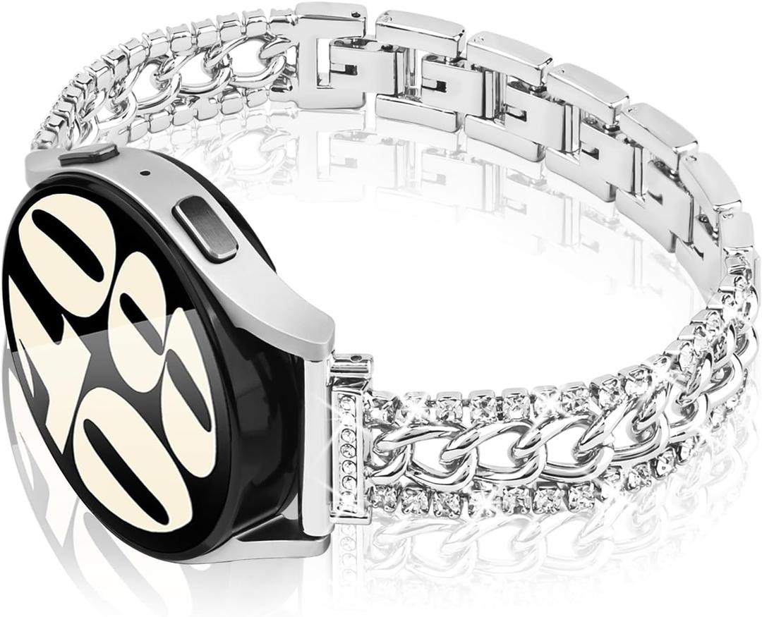 20MM Bling Chain Bracelet Watch Band Compatible With Samsung Galaxy Watch 7/6/5/4 40mm 44mm/Galaxy Watch 5 Pro 45mm/Galaxy Watch 4 Classic, Diamond Rhinestone Metal Watch Strap for Women