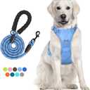 PoyPet No Pull Dog Harness and 5 Feet Leash Set, Release on Neck Reflective Adjustable Pet Vest, Front & Back 2 D-Ring and Soft Padded Pet Harness with Handle for Small to Large Dogs(Light Blue,XL)