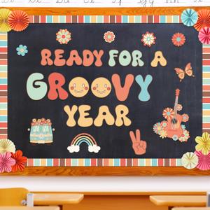 Supervitae 71Pcs Groovy Retro Bulletin Board Decoration with 3D Orange Pink Paper Fans Hippie Classroom Decoration Set Boho Ready for A Groovy Year Hippie Bulletin Board Kit School Bus Cutouts