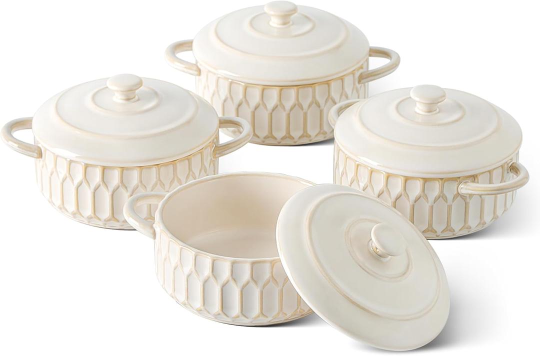 Mini Cocotte Set-14 OZ Small Casserole Dishes with Lids and Handles, Individual Ceramic Baking Ramekins for Lasagna, Souffl, Soup,Oven, Microwave & Dishwasher Safe,set of 4, Beige