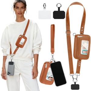 Tecolu Cell Phone Lanyards & Wrist Straps with Wallet (Brown, Soft Leather)