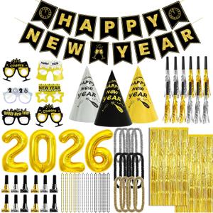 New Years Eve Party Supplies 2026 for 24, New Years Eve Party Decorations, a Banner, 12 Hat, 12 Glasses, 24 Blowouts, 12 Leis, 12 Necklaces 2 Foil Fringe Curtains,32 Inches "2026" Foil Balloons