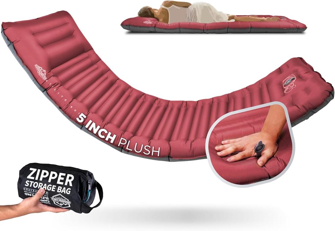 ZOOOBELIVES Camping Sleeping Pad with Built-in Pump & Pillow, 5-Inch Thick, 27-Inch Wide, Ultralight Inflatable Camp Mat with Snap Buttons, Compact for Hiking Backpacking and Travel - Airlite1901 (Chili Pepper)