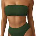Pink Queen Women's Ribbed High Waisted Bikini Set Removable Strap Bandeau Swimsuit
