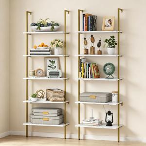 Ladder Shelf 5 Tiers Wall Mounted Bookshelf 2-Piece White Marble Modern Bookshelf Open Tall Storage Bookcase Standing Leaning Wall Shelves Industrial Decorative for Home Office Living Room