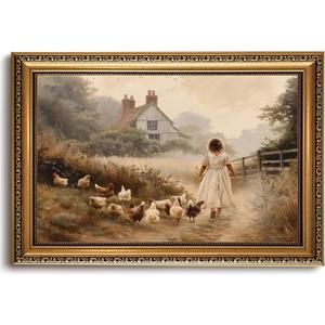 LHHJDIO Vintage Gold Framed Wall Art Farmhouse Chicken Canvas Wall Art Vintage Country Pictures wall decor Rustic Chickens Art Prints for Living Room Bedroom 16"x24"