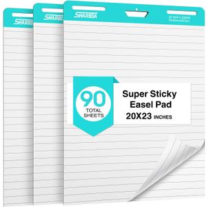 Lined Sticky Easel Pad, 20 * 23 inch,Self-Stick Flip Chart Paper, Super Adhesive & Bleed-Resistant,Micro-Perforated Tear,Classroom Teacher Office Presentation Pads,3 Pads/Pack,90Sheets