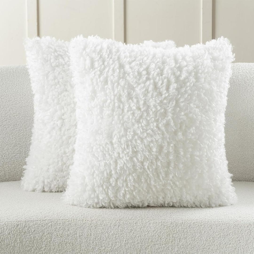 FUTEI Pack of 2 Decorative Throw Pillow Covers 18x18 Inch,Soft Fluffy Faux Wool Fur Boucle Textured Cushion Case,Modern Home Decor for Couch Bed Living Room Office,Cream White