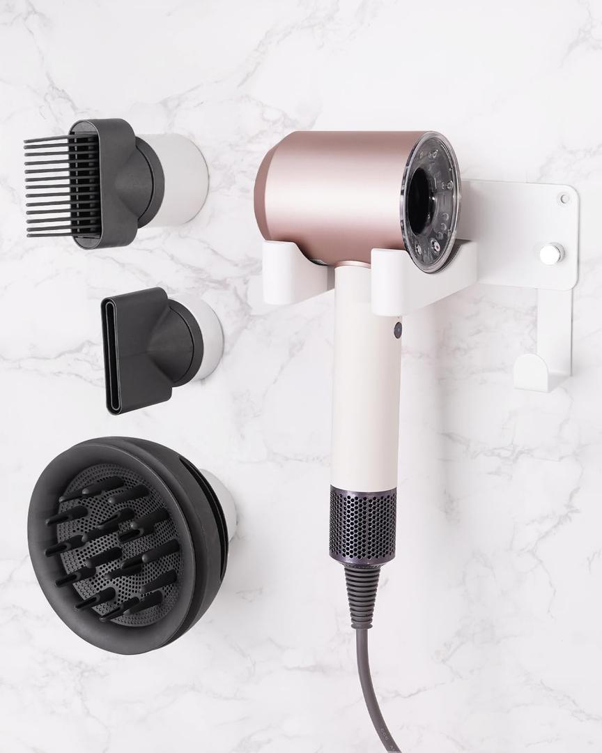 Dyson Hair Dryer Holder, Wall Mounted Aluminum Alloy Hair Dryer Wall Mount for Supersonic/Nural, Dyson Blow Dryer Holder with 3 Magnetic Rings for Salon & Bathroom White UEMUSI