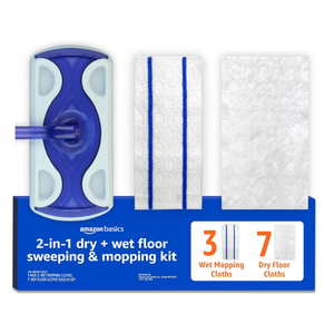 Basics Wet & Dry Sweeper Kit, 1 Sweeper Handle, 7 Heavy Duty Dry Floor Cloths, 3 Wet Floor Cloths, Pack of 1