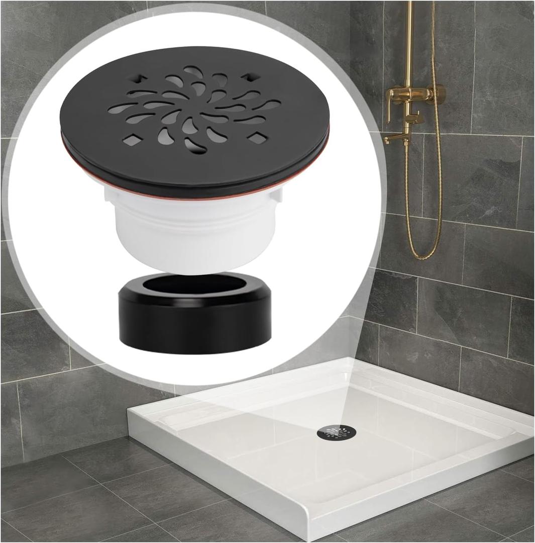 Uni-Green 4-1/4 inch Round Shower Base Drain - Solvent Weld 1.5 or 2 Inch Pipe for Shower Base&Shower Pan - 304 Stainless Steel Shower Base Drain Kit - Matte Black Strainer for Bathroom