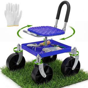 Heavy-Duty 360 Swivel Rolling Garden Seat, 330 lbs Capacity, Height Adjustable 20-24 in, with Work Gloves for Weeding, Planting, Car Detailing