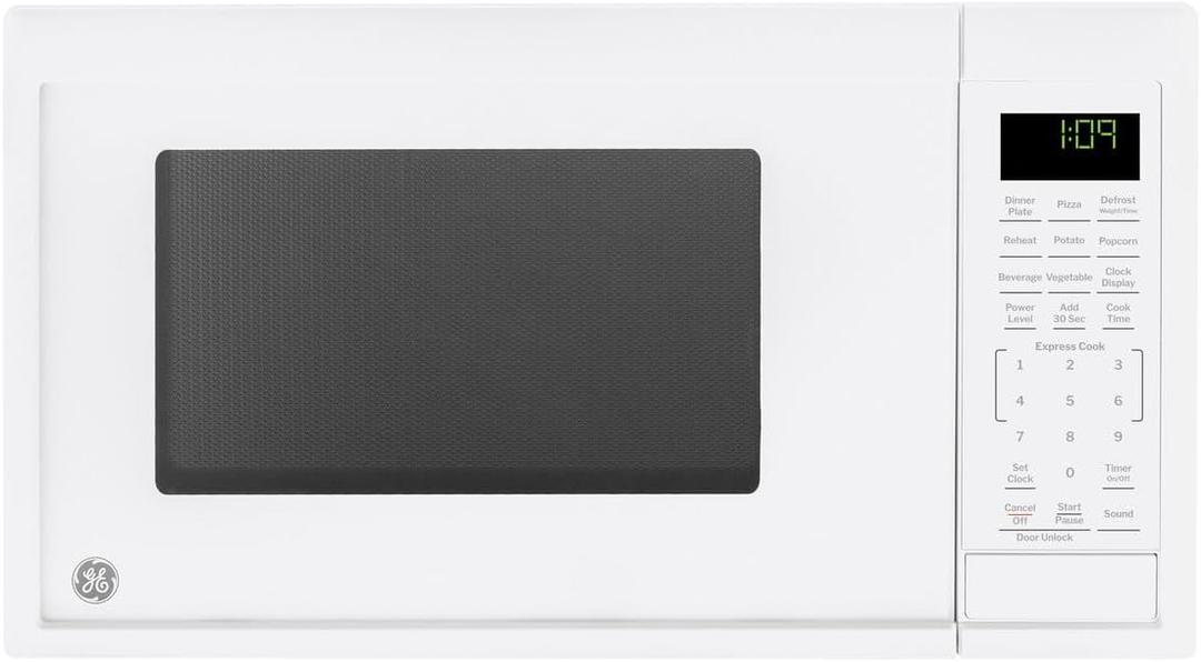 GE Countertop Microwave Oven, Compact 0.9 Cubic Ft., 900-watt Capacity, 7 Auto Cooking Settings, Child-Lock Technology, Kitchen Essentials for the Countertop, Dorm Room or Apartment, White