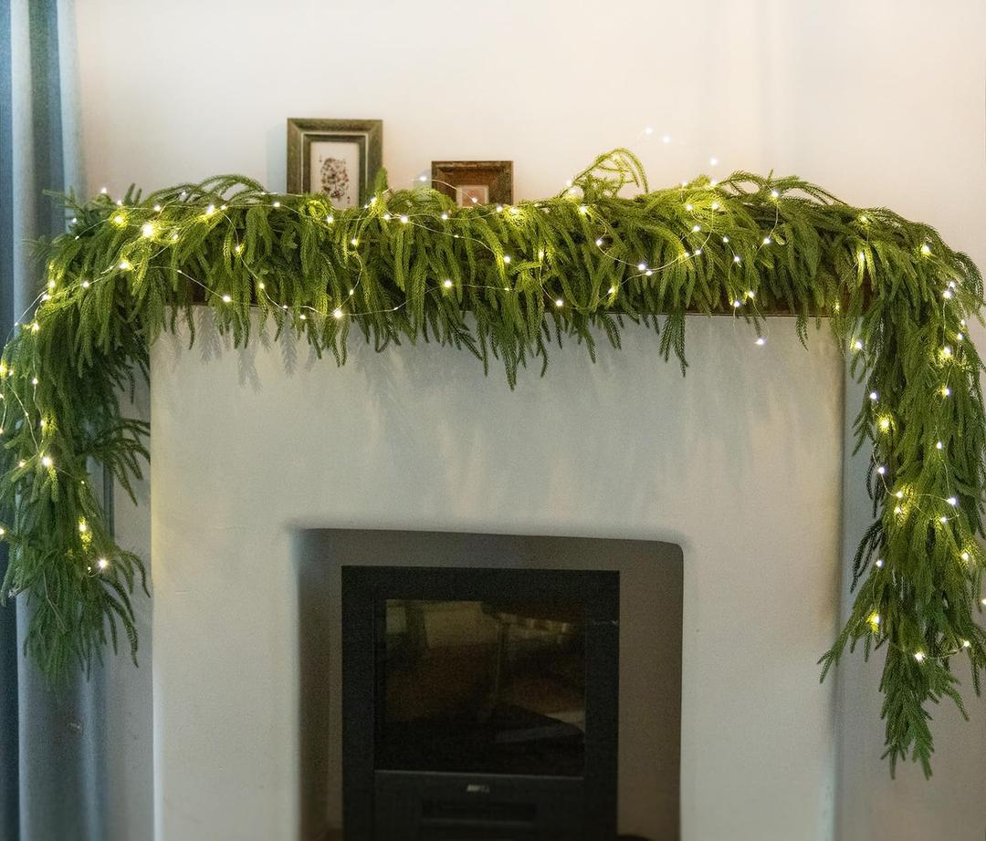 MISSPIN Christmas Garland with Lights, Real Touch Winter Pine Garland, Green Artificial Greenery Garland for Table, Mantle, Wall, Indoor, Outdoor Christmas Decorations (9FT)