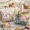 Easter Pillow Covers 18x18 set of 4,Vintage Decorative Eggs Bunny Throw Pillow Covers Retro Linen Pillowcases, Spring Holiday Home Decor Farmhouse Sofa Cushion Living Room Bedroom Happy Easter Gifts
