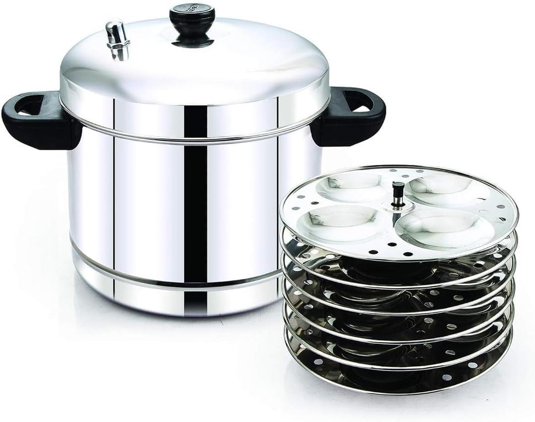 Stainless Steel Idli Maker with 6 Plates, 24 Idlis Capacity, Induction & Gas Compatible, Round Steamer, Dishwasher Safe, Silver.
