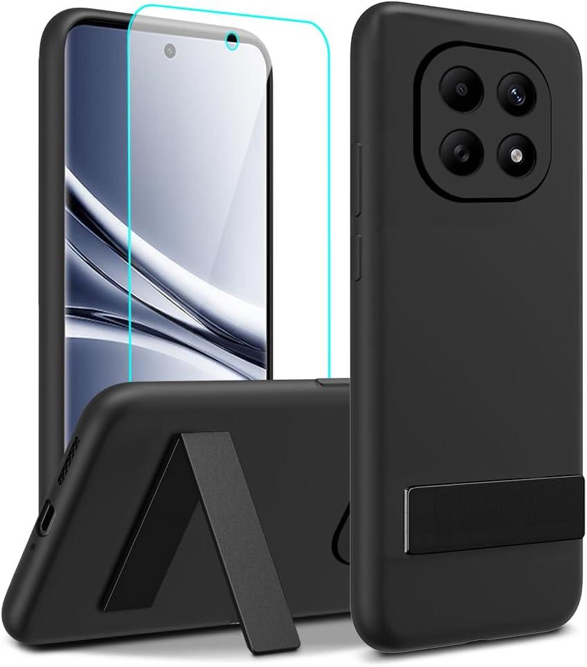 Compatible for Xiaomi Poco M8/Redmi Note 15 5G Phone Case with Glass Screen Protector, [3 Stand Ways] Metal Kickstand Silicone TPU Shockproof Protective Cover Case for Redmi Note 15 5G 2025 - Black