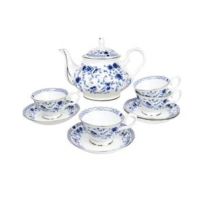 Bone China Tea Set for Adults, 13-Piece Blue and White Porcelain Tea Set for 4, Vintage Floral Tea Set With Teapot and Teaspoons, Tea Party Sets for Women Gift (Blue A) , 1 Cup Broken
