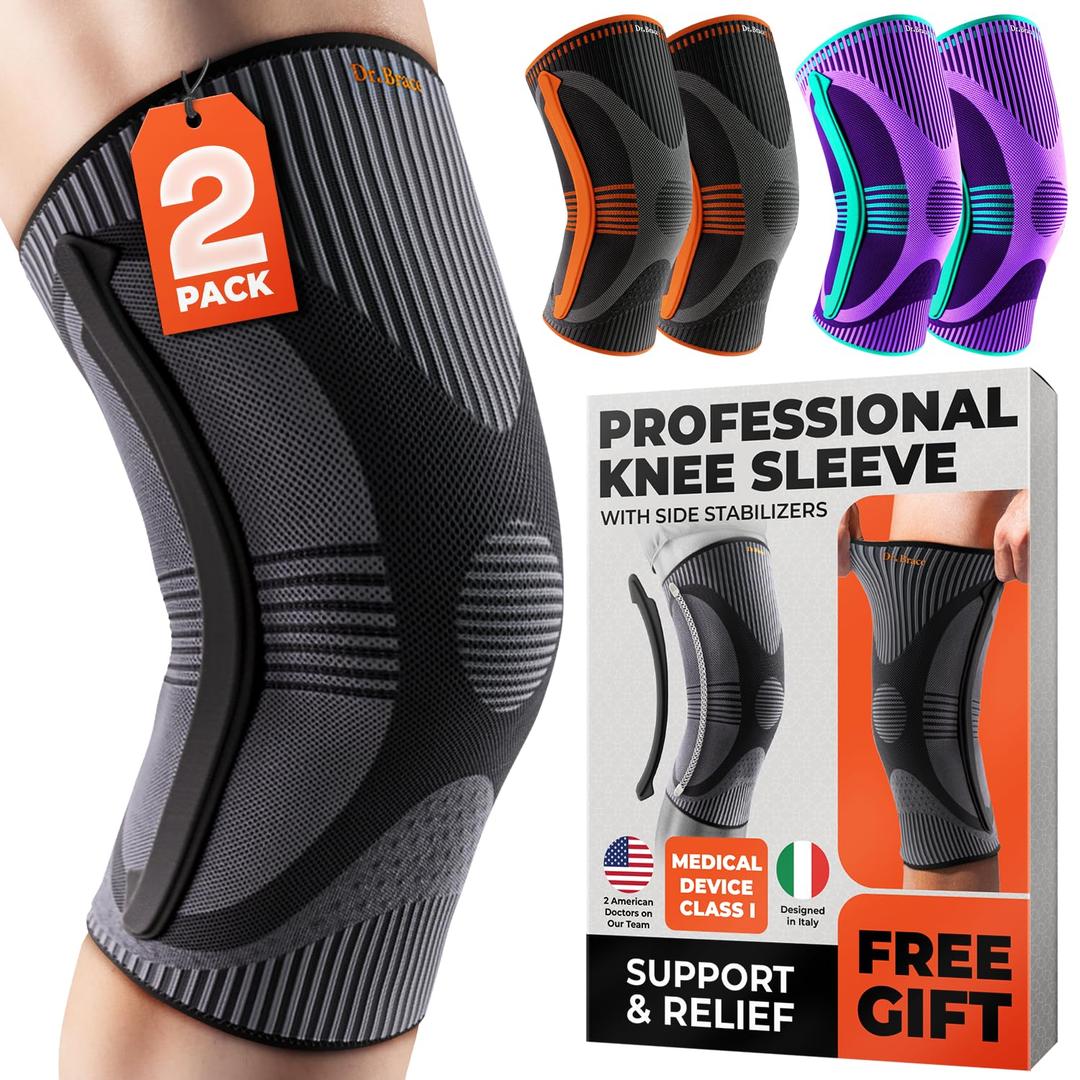DR. BRACE ELITE Knee Brace with Size Stabilizer (2 Pack) Knee Brace for Women & Men, Workout, Sports, Daily Knee Compression Sleeve for Maximum Knee Pain Support & Fast Recovery (Pluto, Large)