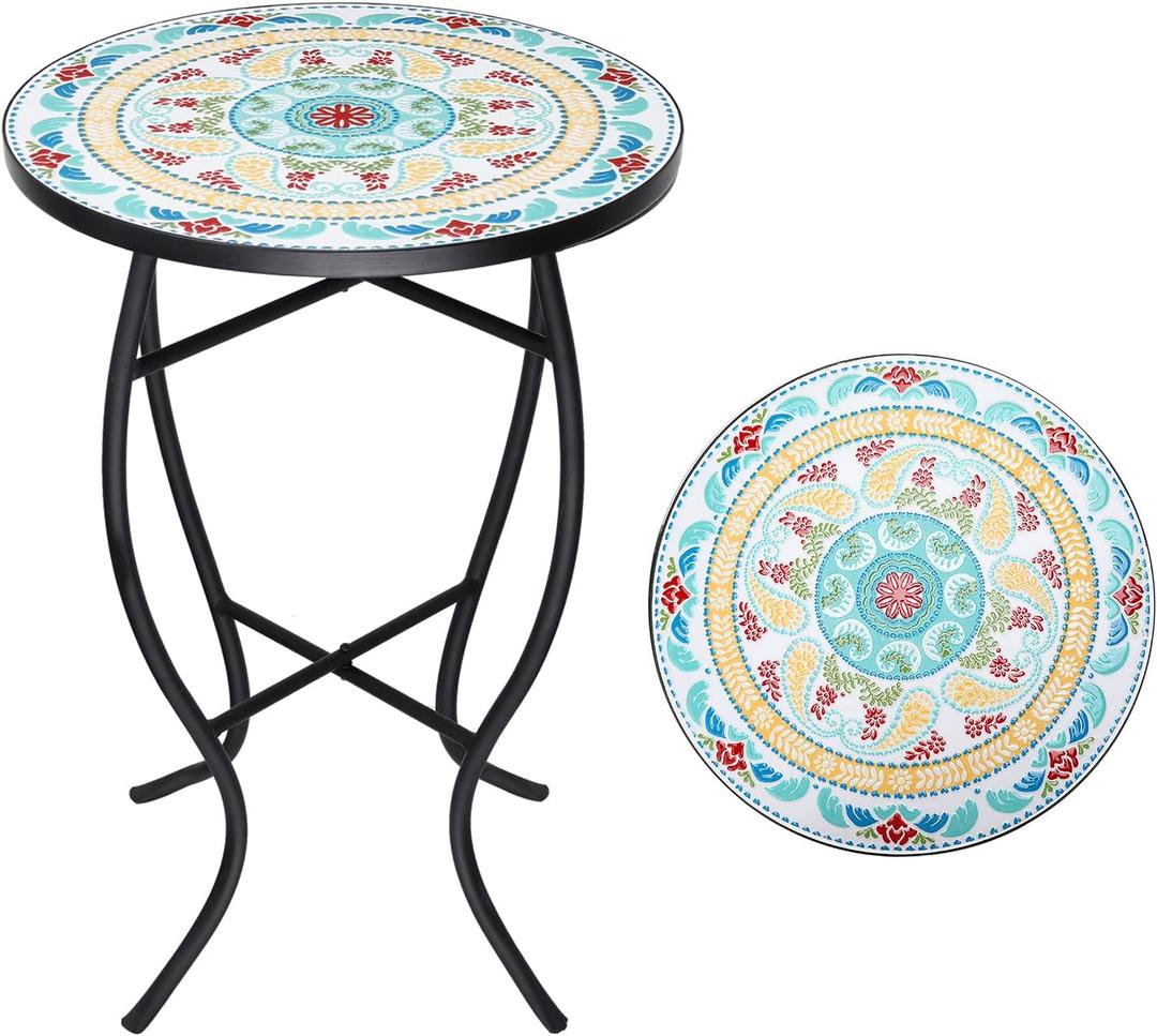 VCUTEKA Mosaic Outdoor Side Table - 14" Small Round Folding End Table with Ceramic Tile Top Patio Accent Table for Yard, Garden, Living Room, Bistro Balcony Porch Outdoor Benches or Lawn (Multi Color)