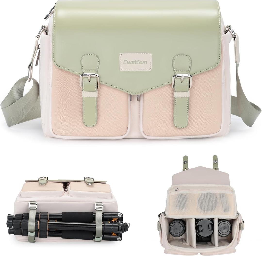 Cwatcun Camera Bag, Waterproof Flap Camera Crossbody Shoulder Messenger Case with Tripod Holder, Travel Photography Bag for Canon, Nikon, Sony, Fuji DSLR/SLR/Mirrorless Camera, Lens Light Green, L