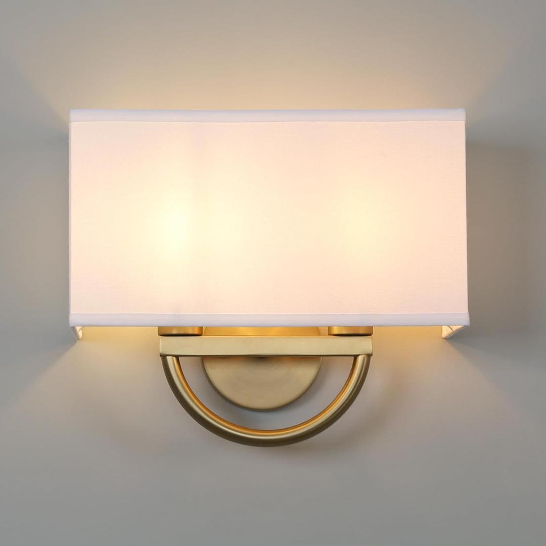 Yosoan White Fabric Cloth Boho Aged Brass Gold Wall Sconce Stairwell Fixture Light, 2-Light Indoor Hardwired Dual Vanity Wall Mount Vintage Antique Metal Base Lights Square Shade for Bedside Hallway