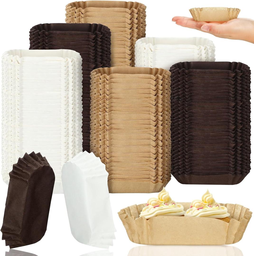 Mifoci 600 Pcs Mini Oval Cupcake Papers Disposable Brownie Baking Cups Cake Loaf Pan Liners Boat Shaped Muffin Cupcake Wrappers for Weddings Birthdays (White Brown Coffee)