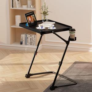 TV Tray Table with Cup Holder Adjustable Folding, TV Dinner Tray for Living Room,Small Space,Office.Portable TV Tray with 4 Height and 3 Angle Adjustments, Black
