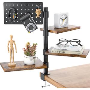 3-Tier Clamp On Desk Shelf, Adjustable 360 Rotatable Above or Under Desk Storage Shelves Holds 33 lbs, Heavy Duty Desktop Organizer with Pegboard Accessories  3 Hook for Home Office Dorm
