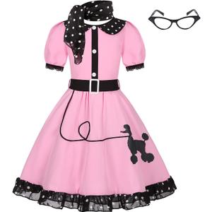 Girls 50s Costume 1950s Pink Blue Poodle Cutie Dress Set for Kids Halloween Costume (10-12 Years)