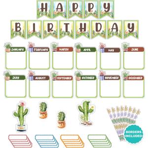 Decorably 77 Pcs Cutouts Cactus Birthday Bulletin Board with Borders, Succulent Themed Classroom Decorations, Classroom Decoration, School