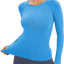MathCat Workout Seamless Shirts for Women Long-Sleeved Yoga Running Breathable Thumb Holes Tops (Blue, XS)