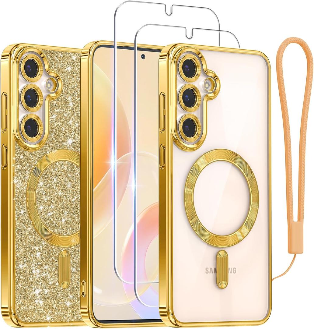 3 x Meifigno Designed for Samsung Galaxy S25 Plus Case, [Compatible with MagSafe] [2X HD Screen Protectors] [Glitter Card & Wrist Strap] Surround Raised Lens Protection Case for S25 Plus 6.7", Gold