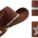 Western Cowboy Hat Rhinestone Wide Brim Cowgirl Hat with Belt Buckle Costume Party for Teens and Adults (Brown)