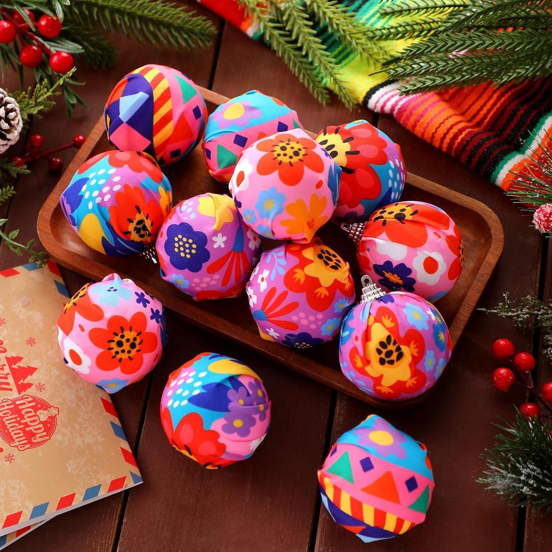 Soulchen 24 Pcs 2.36 inches Mexican Christmas Ornaments Bulk Talavera Hanging Christmas Tree Ball Shatterproof Colorful Plastic Fiesta Mexico Holiday Decorations for Hispanic Home Xmas Party Decor