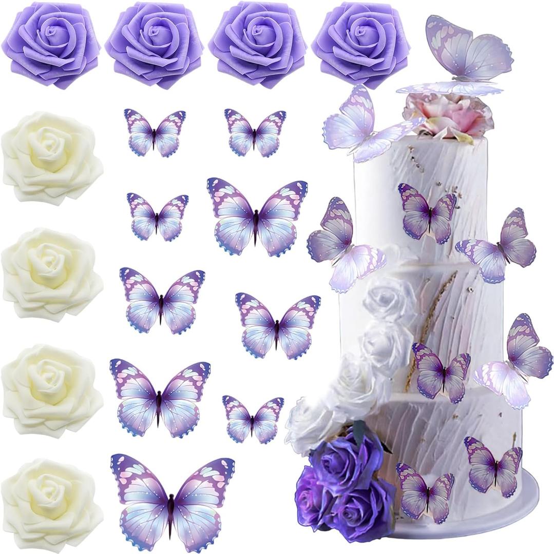 17pcs Butterfly Cake Toppers 3D Romantic Butterfly Cupcake Decorations with Purple White Rose Flowers for Wedding Birthday Anniversary Party Baby Shower