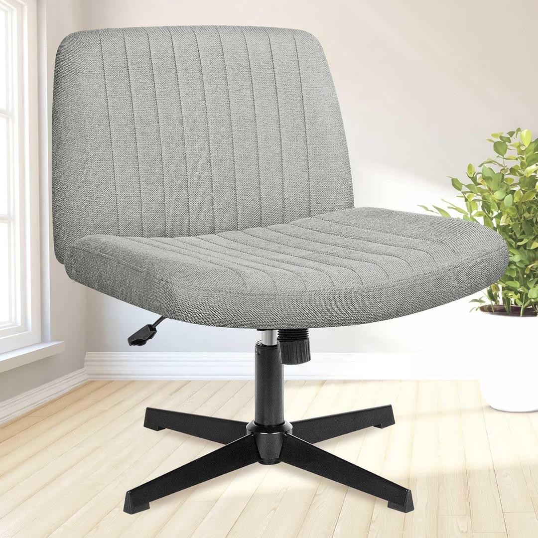 NEO Chair Criss Cross Chair No Wheels Armless Cross Legged Office Desk Wide Comfy Vanity Makeup Chair Adjustable Computer Task for Home Office Fabric (Grey)