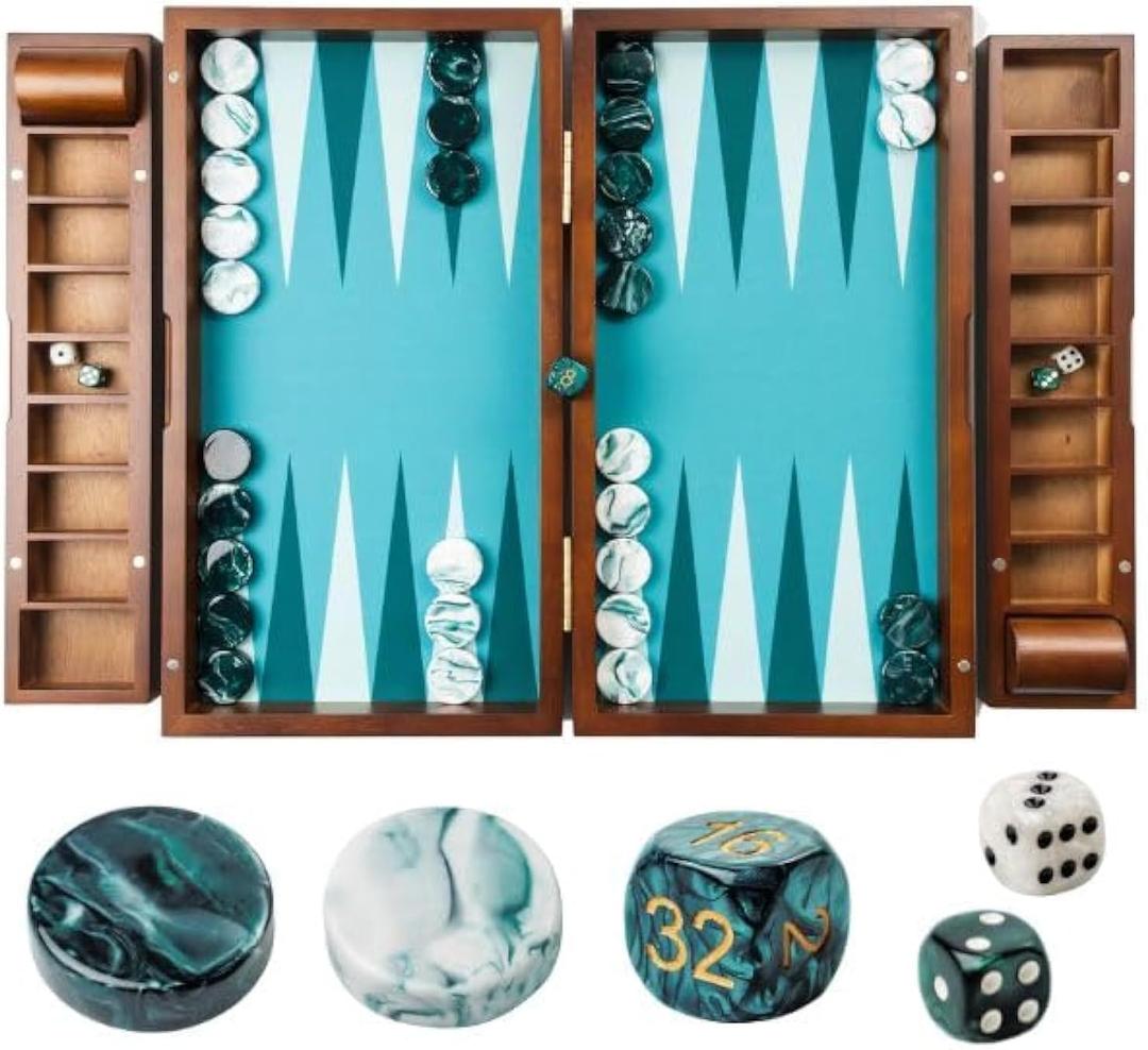 Pointworks 20 Inch Large Backgammon Sets for Adults, Green Backgammon Board, Solid Wood. Removable Accessory Tray, Premium 1.5 Inch Checkers & Dice Set, Backgammon Game Set, Backgammon Table