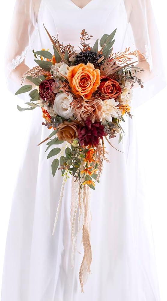 12 Inch Cascade Wedding Bouquets for Bride, Fall Burnt Orange Cascading Bridal Bouquet for Wedding Silk Artificial Flowers