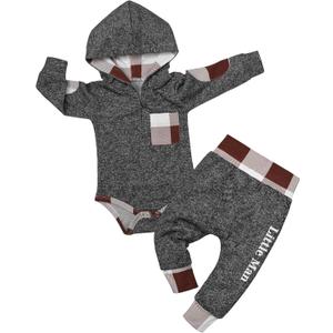 Fommy Newborn Baby Boy Clothes Plaid Letter Print Long Sleeve Hoodies + Long Pants 2PCS Fall Winter Outfits Set (Gray 3)