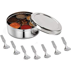 Satre Online and Marketing Stainless Steel Spice Box Without Lid,Stainless Steel Masala Box,Indian Spice Box with 7 Spice Containers and Spoons
