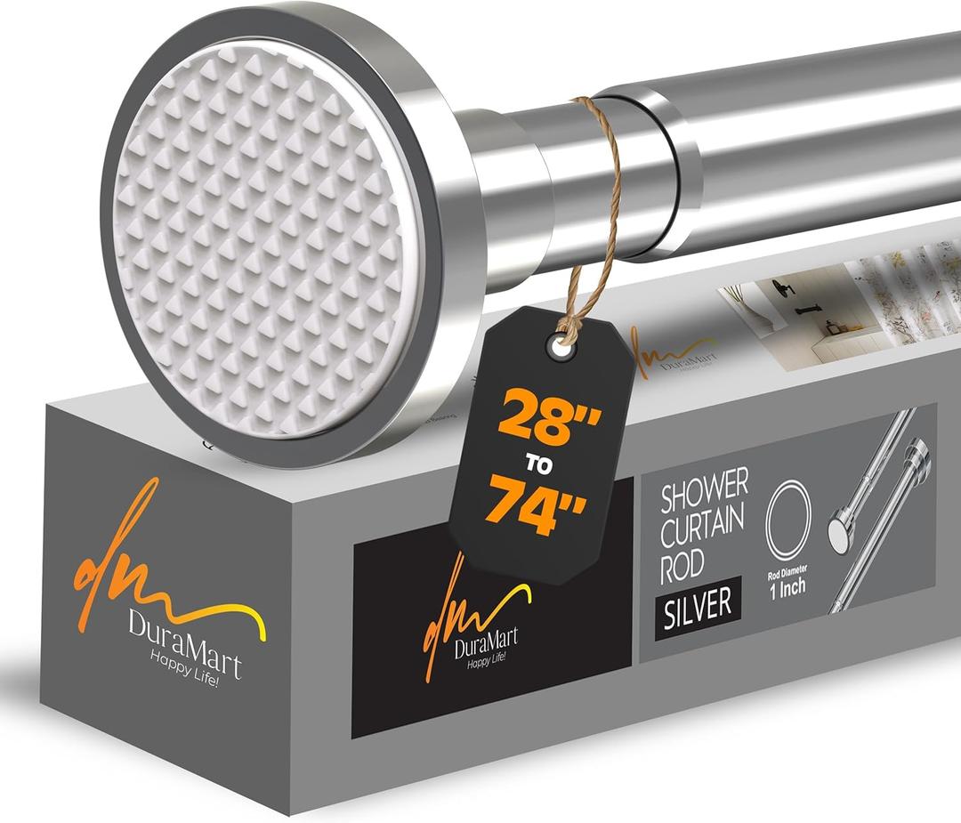 Silver Shower Curtain Rod Spring Tension, Stainless Steel Tension Curtain Rods No Drilling Required, Rust Free Shower Rods for Bathroom, Non-Slip Shower Tension Rod, Adjustable Curtain Rod (28 - 74)