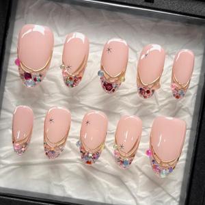 MAGLFELL Press on Nails, Medium Almond 3D Handmade False Nails with Gold Outline Colorful Glitter Tips and Bubble Beads, 10 Pcs Reusable Thick Acrylic ABS Artificial Fake nails for Women L Size