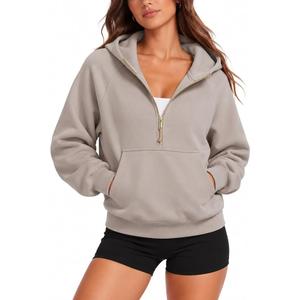 SUUKSESS Women Gold Half Zip up Cotton Hoodies Casual Pullover Sweatshirt 100% Cotton, Fleece Lined jackets with pockets, travel airport outfits, long sleeve loungwear, fall winter outfits, Taupe, Large