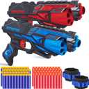 POKONBOY 2 Pack Blaster Toy Guns for Boys Fit for Nerf Guns Darts, 6-Dart Rotating Barrel Foam Bullets Hand Gun Toys with 80 Refill Darts and 2 Wristbands Gifts for 6 7 8 9 10 Years Kids Christmas (Blue & Red)