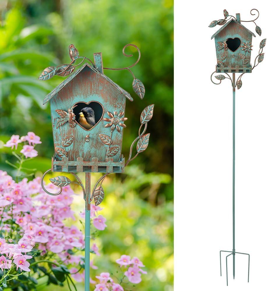 DREAMSOUL 48" Rustic Bird Houses for Outside Metal Bird House Pole, Decorative Green Birdhouse for Patio, Yard, Garden