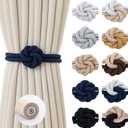 Magnetic Curtain Tiebacks Holdbacks - Wood Tie Backs Rope Holder with Floral Knot Design for No Drill Easy Install, Modern Boho Home Decor (8Pack, Navy)