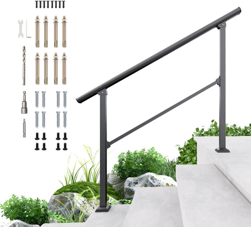 DIYHD 4 Step Handrail for Outdoor,Powder Coated Iron Stair Railing,Black Hand Rails for Indoor, Porch,Deck,1 Pack